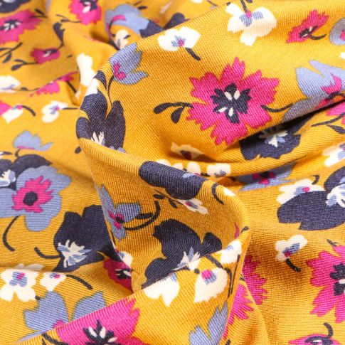 Tissu Jersey Modal Fleurs colorées sur fond Jaune