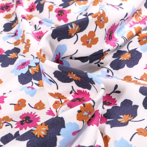 Tissu Jersey Modal Fleurs colorées sur fond Blanc