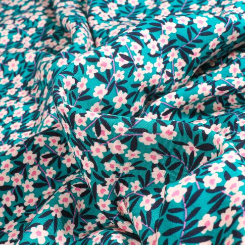 Tissu Viscose Régina sur fond Bleu turquoise