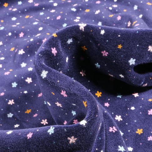 Tissu Jersey Velours tout doux Mini fleurs sur fond Bleu nuit