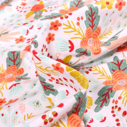 Tissu Jersey Coton Ellie Flowers sur fond Blanc