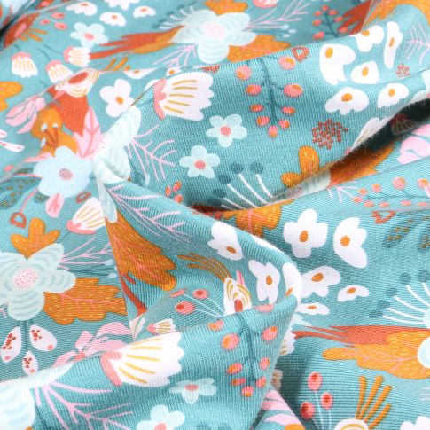 Tissu Jersey Coton Ellie Flowers sur fond Bleu