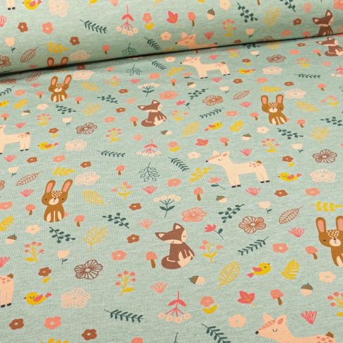 Tissu Jersey Coton Bio Balade en foret sur fond Vert menthe
