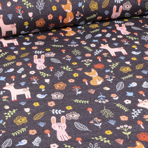 Tissu Jersey Coton Bio Balade en foret sur fond Bleu marine