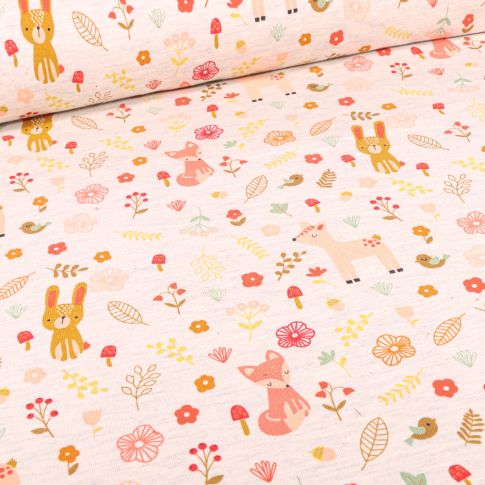Tissu Jersey Coton Bio Balade en foret sur fond Ecru