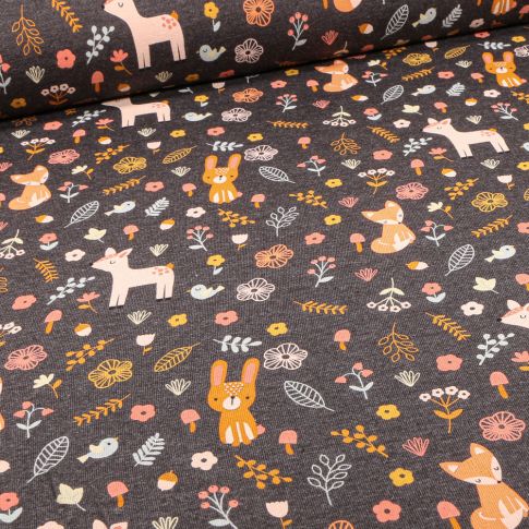 Tissu Jersey Coton Bio Balade en foret sur fond Noir