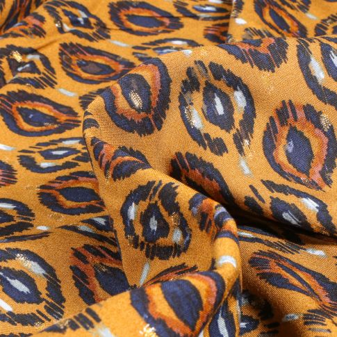 Tissu Viscose lurex Paon sur fond Ocre