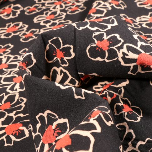Tissu Viscose extensible  Fleurs stylisées sur fond Noir