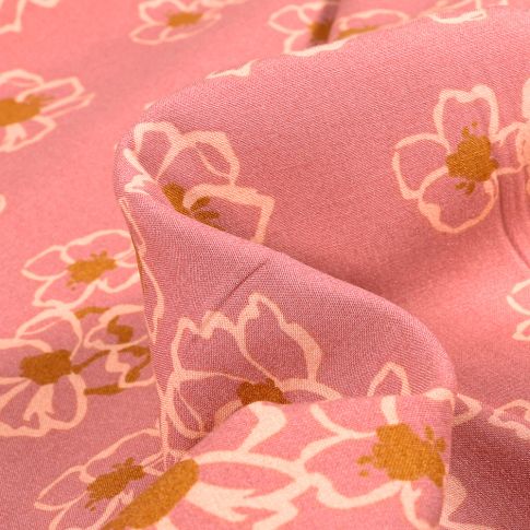Tissu Viscose extensible  Fleurs stylisées sur fond Rose