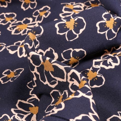 Tissu Viscose extensible  Fleurs stylisées sur fond Bleu marine