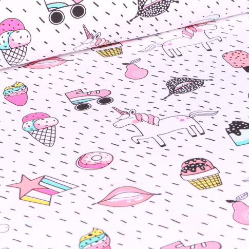 Tissu Jersey Coton Licorne Girly fantaisie sur fond Blanc