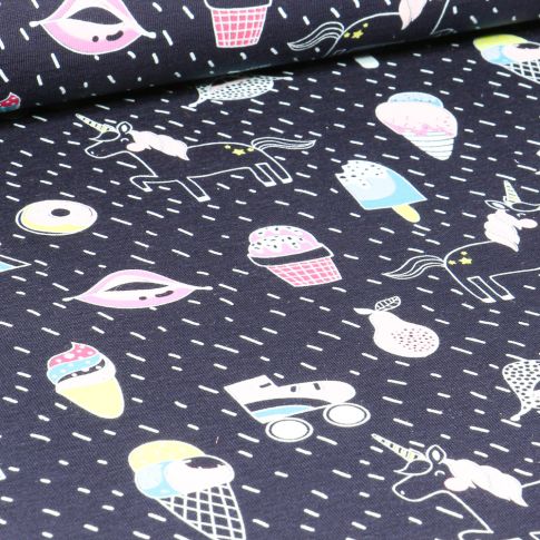 Tissu Jersey Coton Licorne Girly fantaisie sur fond Bleu marine