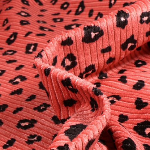 Tissu Velours Grosses côtes imprimé Taches félines sur fond Bois de rose