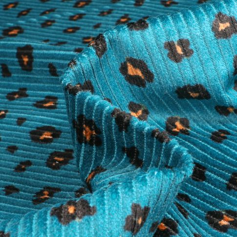 Tissu Velours Grosses côtes imprimé Taches félines sur fond Bleu turquoise