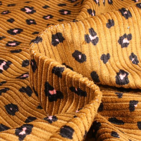 Tissu Velours Grosses côtes imprimé Taches félines sur fond Jaune moutarde