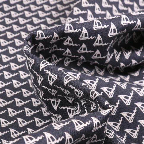 Tissu Coton imprimé extensible Voiliers sur fond Bleu marine