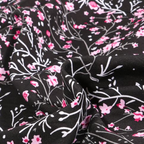 Tissu Viscose Perrina rose sur fond Noir