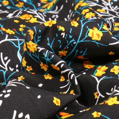 Tissu Viscose Perrina jaune sur fond Noir