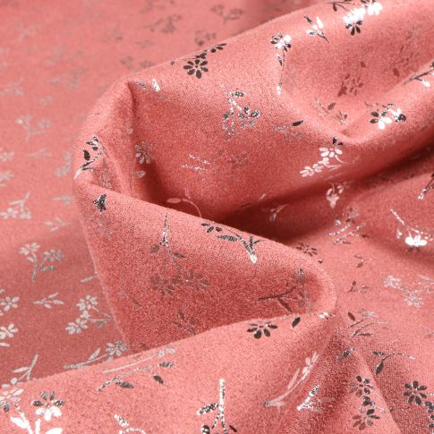 Tissu Suédine Elasthanne aspect Daim Fleurs métallisés sur fond Rose