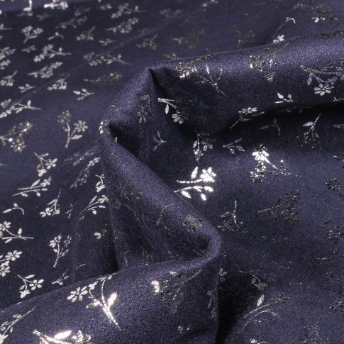 Tissu Suédine Elasthanne aspect Daim Fleurs métallisés sur fond Bleu marine