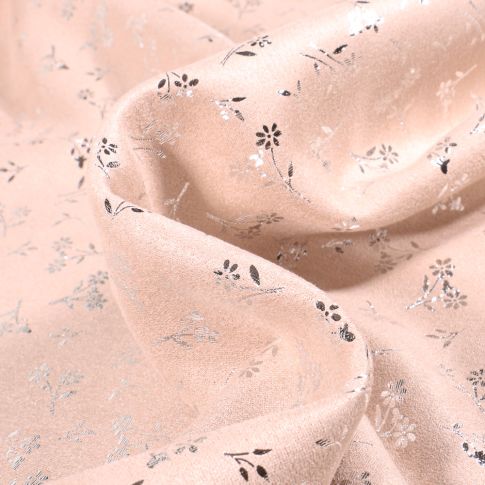 Tissu Suédine Elasthanne aspect Daim Fleurs métallisés sur fond Blanc cassé