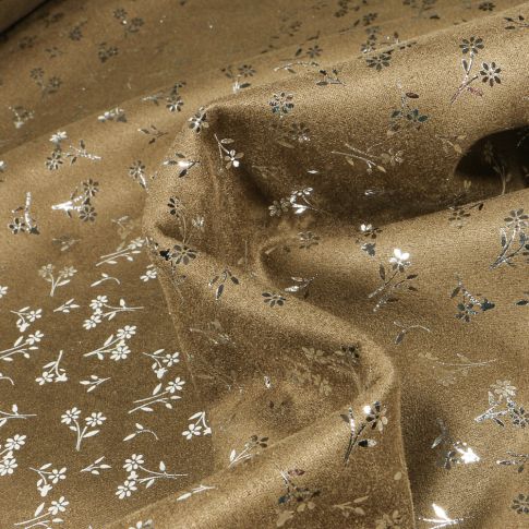 Tissu Suédine Elasthanne aspect Daim Fleurs métallisés sur fond Vert kaki