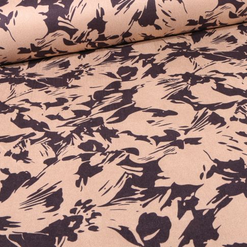 Tissu Suédine Elasthanne aspect Daim Feuilles noires sur fond Beige
