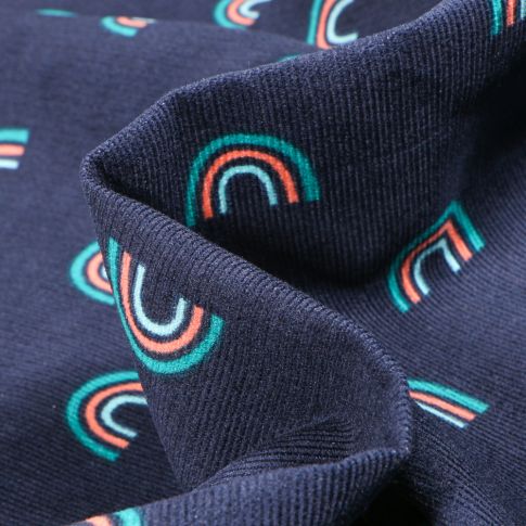 Tissu Velours milleraies Arc en ciel sur fond Bleu