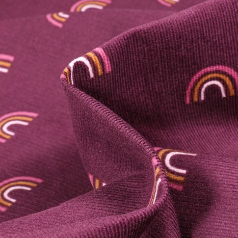 Tissu Velours milleraies Arc en ciel sur fond Bordeaux