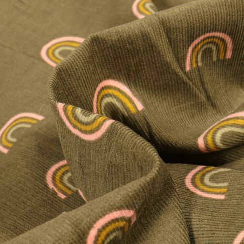 Tissu Velours milleraies Arc en ciel sur fond Vert kaki