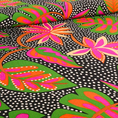 Tissu Viscose Malicia rose sur fond Noir