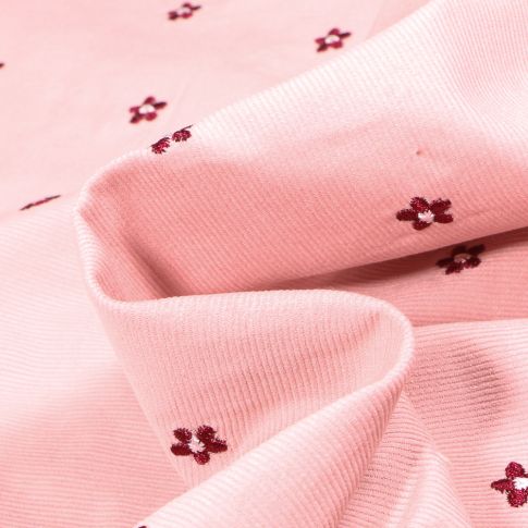 Tissu Velours milleraies  Fleurs brodées sur fond Rose