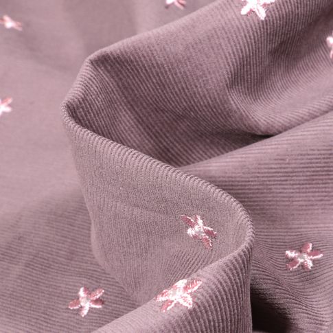 Tissu Velours milleraies  Fleurs brodées sur fond Violine