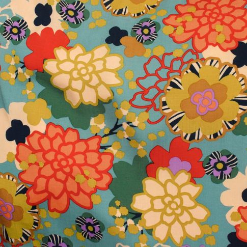 Tissu Viscose Jeanne fleuris sur fond Bleu
