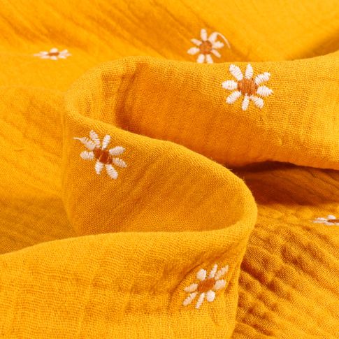 Tissu Double gaze Pâquerettes brodées sur fond Jaune