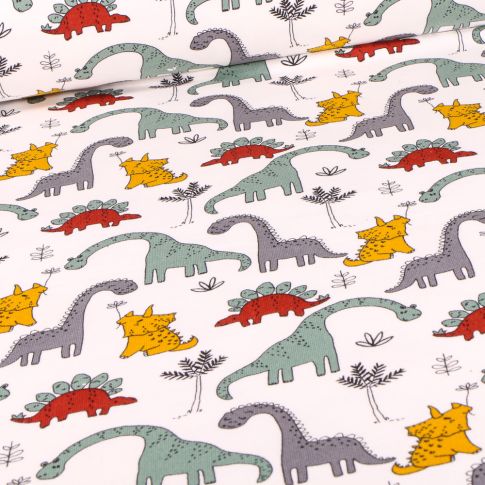Tissu Jersey Coton envers molletonné Triceratops sur fond Blanc