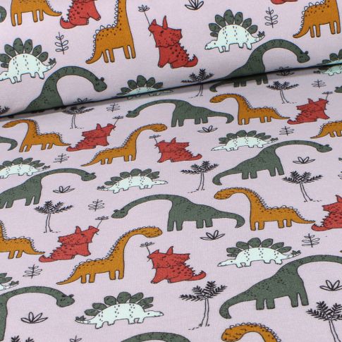 Tissu Jersey Coton envers molletonné Triceratops sur fond Gris