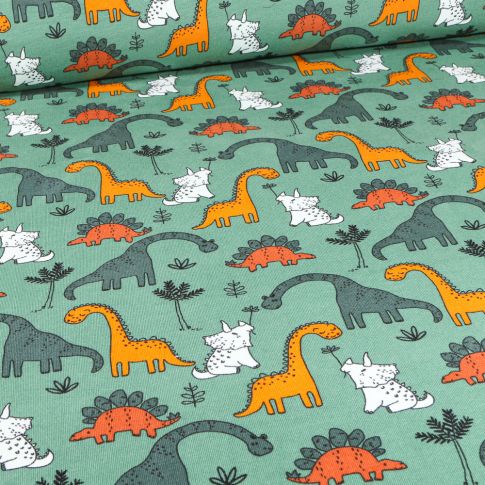 Tissu Jersey Coton envers molletonné Triceratops sur fond Vert menthe