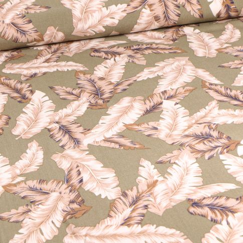 Tissu Viscose Feuilles XL sur fond Vert kaki