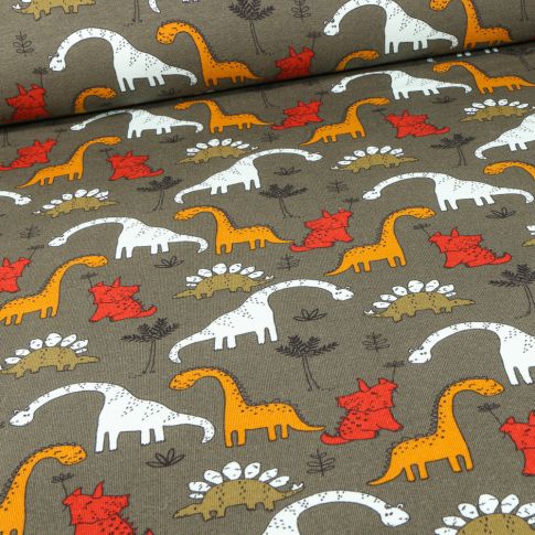 Tissu Jersey Coton envers molletonné Triceratops sur fond Marron