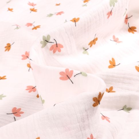 Tissu Double gaze Bio Petites fleurs pastels sur fond Blanc