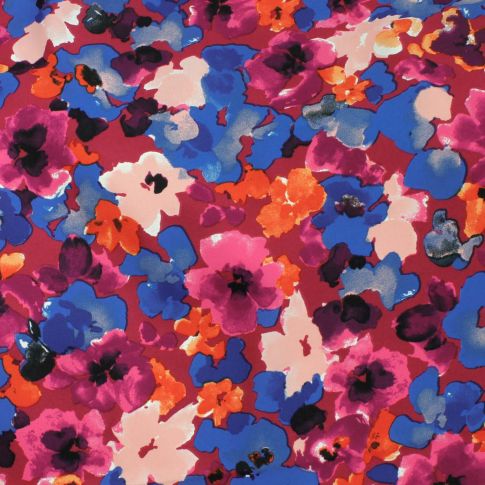 Tissu Crêpe Georgette Nadia bleu sur fond Bordeaux
