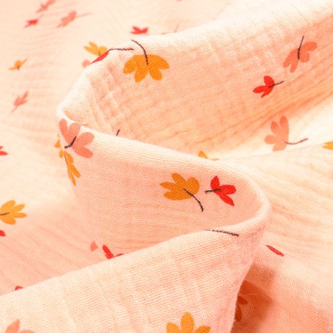 Tissu Double gaze Bio Flora sur fond Saumon