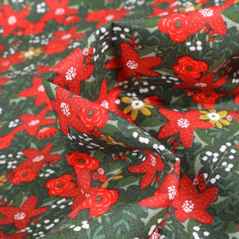 Tissu Coton imprimé Fleurs de noël sur fond Vert foncé