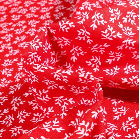 Tissu Coton imprimé Petites branches sur fond Rouge