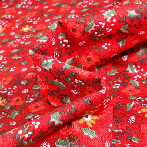 Tissu Coton imprimé Fleurs de noël sur fond Rouge