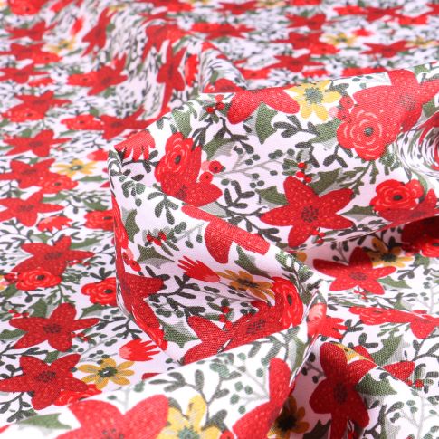 Tissu Coton imprimé Fleurs de noël sur fond Blanc