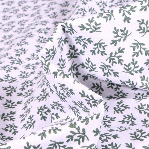 Tissu Coton imprimé Petites branches vertes sur fond Blanc