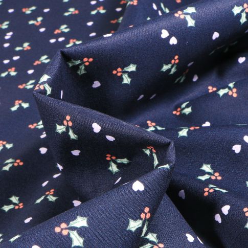 Tissu Coton imprimé Gui de noël sur fond Bleu marine