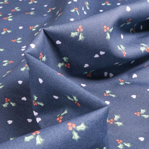 Tissu Coton imprimé Gui de noël sur fond Bleu denim